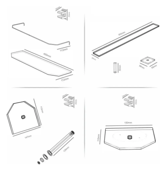 Kit Vidro Standard 5 Peças Reto Incolor Acabamento Cromado